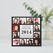 12枚の写真を飾ったモダンな黒の卒業証書デザイン 招待状 (スタンド正面)