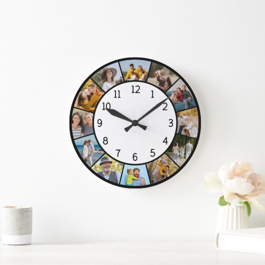 12枚の写真コラージュ ブラック＆ホワイト 家族＆友達 ラージ壁時計 (ホーム)