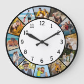 12枚の写真コラージュ ブラック&ホワイト 家族&友達 ラージ壁時計 (正面)