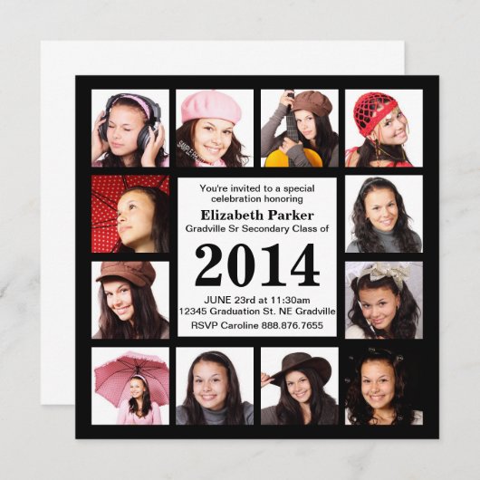 12枚モダンの写真で黒の卒業表 招待状 (正面/裏面)