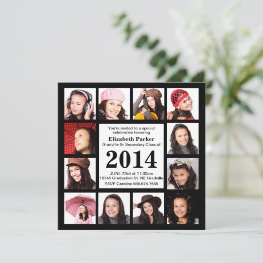 12枚モダンの写真で黒の卒業表 招待状 (スタンド正面)