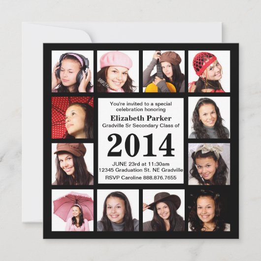 12枚モダンの写真で黒の卒業表 招待状 (正面)