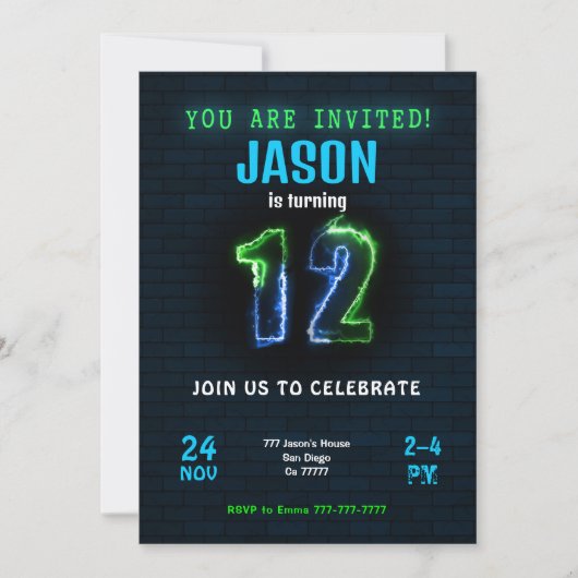 12歳の男の子の誕生日パーティー招待状 招待状 (正面)