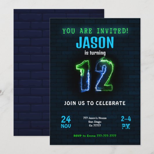12歳の男の子の誕生日招待状 招待状 (正面/裏面)