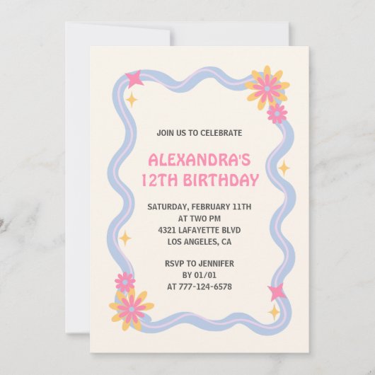 12歳の誕生日の招待レトロGroovyピンクの花 招待状 (正面)