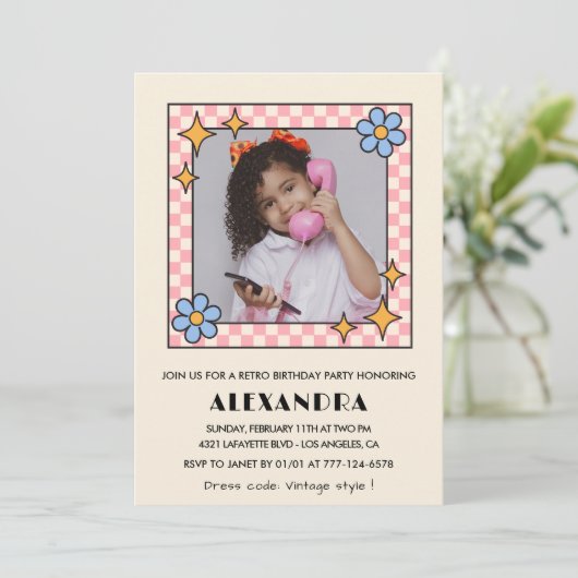 12歳の誕生日の招待レトロGroovy Blueフローラ 招待状 (スタンド正面)