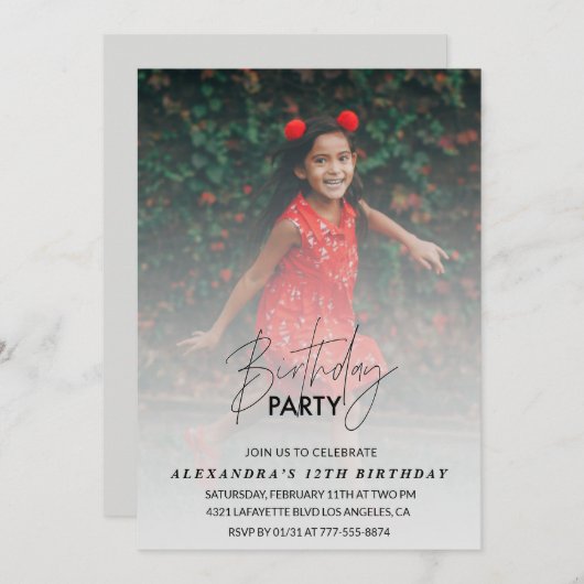 12歳の誕生日の招待Birthday Party Photo Gray 招待状 (正面/裏面)