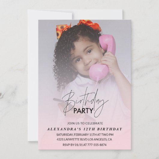 12歳の誕生日パーティーの招待状 バースデー パーティーの写真 ピンク 招待状 (正面)