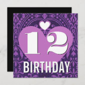 12歳の誕生日パーティーハートパープルダマスクV20 招待状 (正面/裏面)