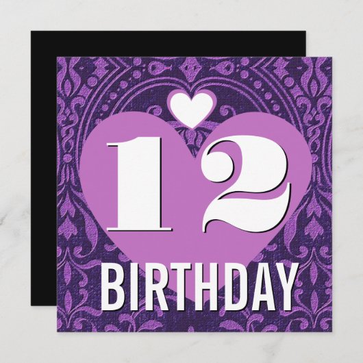 12歳の誕生日パーティーハートパープルダマスクV20 招待状 (正面/裏面)