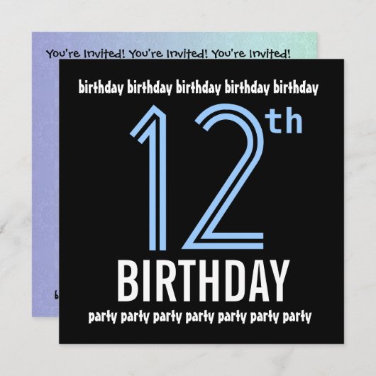 12歳の誕生日パーティーモダン青と黒のリサイクル 招待状 (正面/裏面)