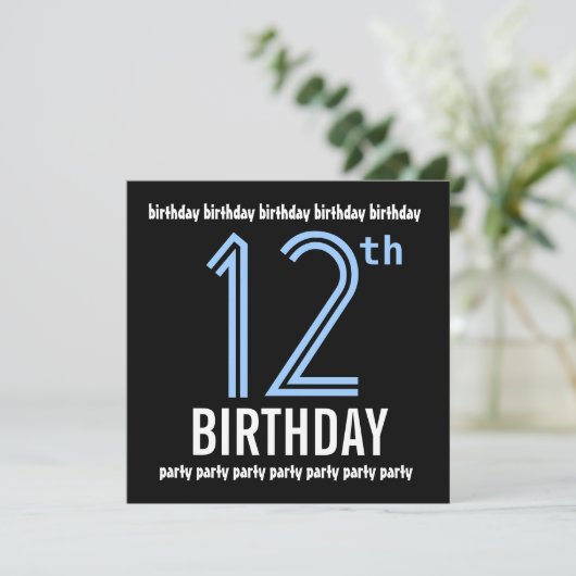 12歳の誕生日パーティーモダン青と黒のリサイクル 招待状 (スタンド正面)