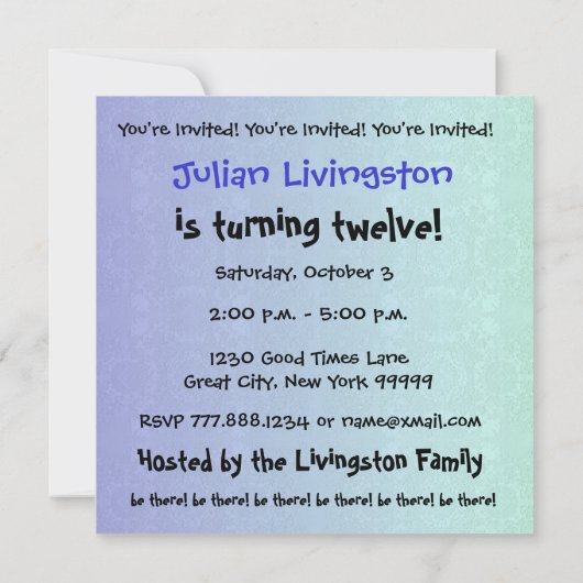 12歳の誕生日パーティーモダン青と黒のリサイクル 招待状 (裏面)