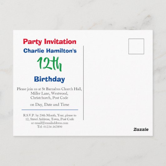 12歳の誕生日パーティー招待状 ポストカード (裏面)