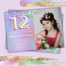 12歳の誕生日パーティー用紫とピンクのラメフォト 招待状