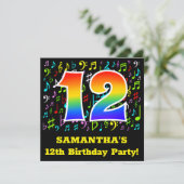 12歳の誕生日パーティー:おもしろいミュージックシンボル,レインボー12 招待状 (スタンド正面)