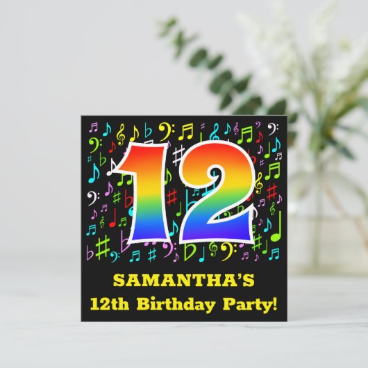 12歳の誕生日パーティー:おもしろいミュージックシンボル,レインボー12 招待状 (スタンド正面)