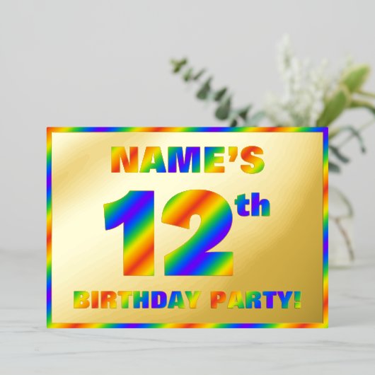 12歳の誕生日パーティー - 楽しい、虹のスペクトル「12」 箔招待状 (立ち正面)