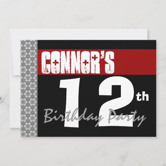 12歳の誕生日パーテモダンィー赤と白 招待状 (正面)