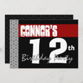12歳の誕生日パーテモダンィー赤と白 招待状 (正面/裏面)