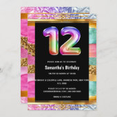12歳の誕生日レインボーグリッターカラフルパーティー 招待状 (正面/裏面)