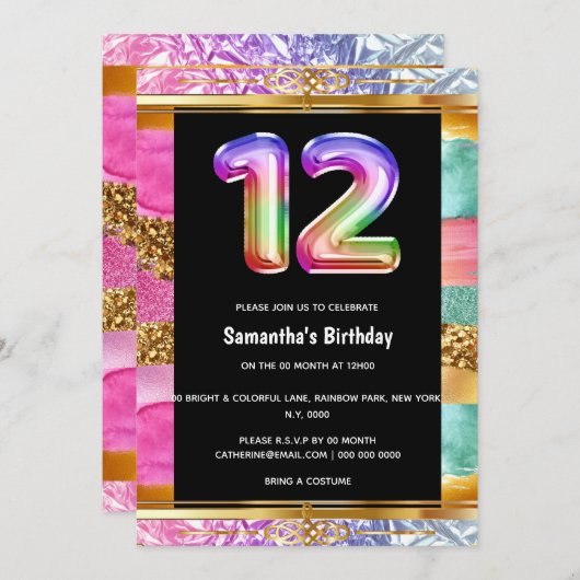 12歳の誕生日レインボーグリッターカラフルパーティー 招待状 (正面/裏面)