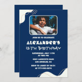 12歳の誕生日招待状ボーイ写真シンプルネイビー 招待状 (正面/裏面)