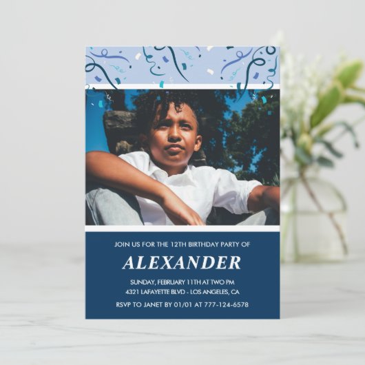 12歳の誕生日招待状写真ネイビーブルー 招待状 (スタンド正面)