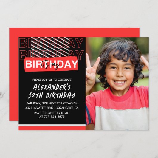 12歳の誕生日招待状少年パーティーフォトレッド 招待状 (正面/裏面)