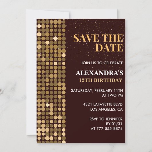 12歳の誕生日招待状日付金ゴールドを保存 招待状 (正面)