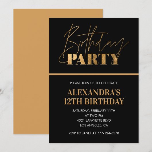 12歳の誕生日招待状 誕生日会 ブラック 招待状 (正面/裏面)