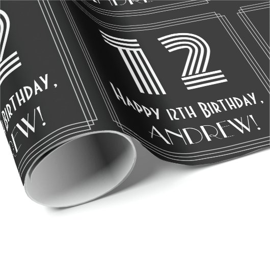 12歳の誕生日:アートデコ調の「12」ロゴ + お名前 ラッピングペーパー (ロールコーナー)