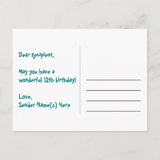 12歳の誕生日:ピンクのストライプとハート、虹色の12 ポストカード (裏面)