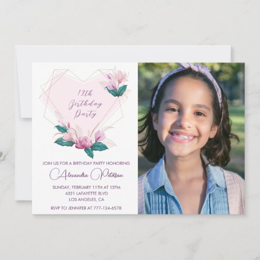 12歳エレガントの誕生日招待状フローラ写真 招待状 (正面)