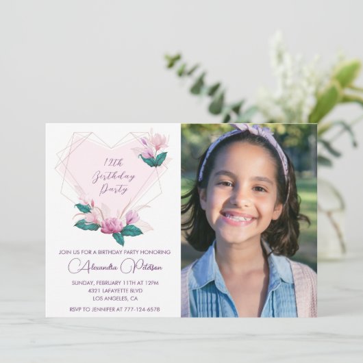 12歳エレガントの誕生日招待状フローラ写真 招待状 (スタンド正面)