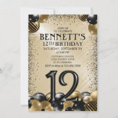 12歳 バルーン ブラック ゴールド 誕生日 招待状 (正面)
