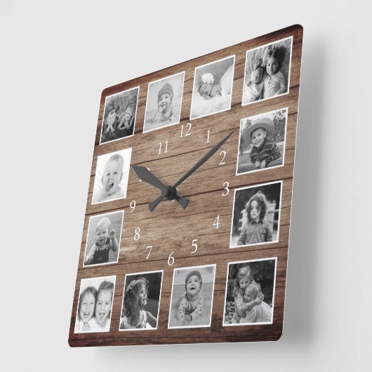 12白黒フォトコラージファームハウスウッド スクエア壁時計 (傾斜)