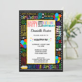 12誕生日おもしろいカラー熱狂する文字オン黒パーティー 招待状 (スタンド正面)