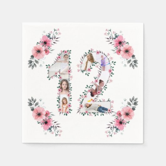 12誕生日ガールフラワーフォトコラージホワイト スタンダードカクテルナプキン (正面)
