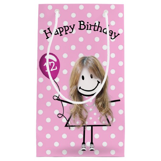 12誕生日スティックガールwithピンクバルーン スモールペーパーバッグ (正面)
