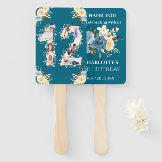 12誕生日ティール（緑がかった色）フォトコラージフラワーイエロー ハンドファン