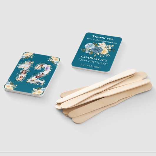 12誕生日ティール（緑がかった色）フォトコラージフラワーイエロー ハンドファン (組立なし)