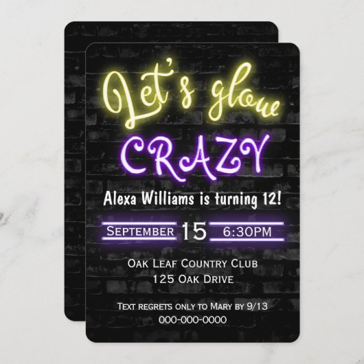 12誕生日ネオングローサインオンブリック壁 招待状 (正面/裏面)