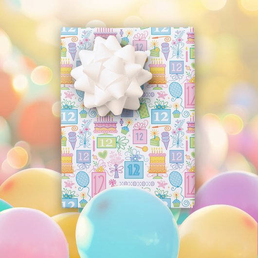 12誕生日パステルピンクケーキプレゼントバルーン ラッピングペーパーシート
