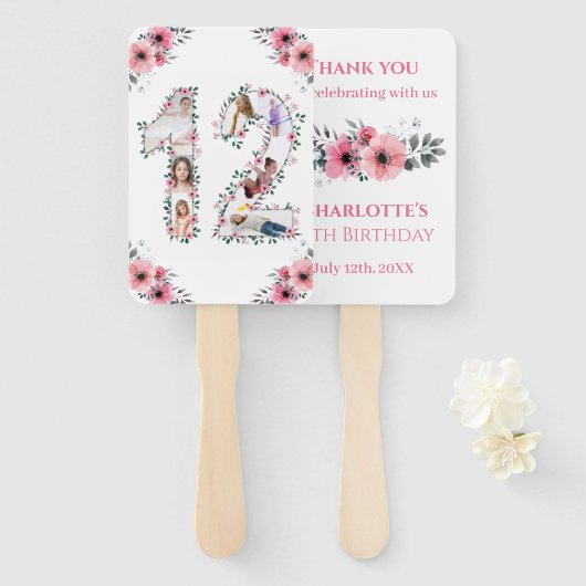 12誕生日フォトコラージピンクガールフラワーホワイト ハンドファン