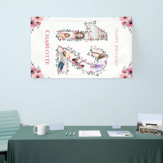 12誕生日フォトコラージピンクフラワーガールホワイト 横断幕 (トレードショー)