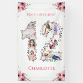 12誕生日フォトコラージピンクフラワーガールホワイト 横断幕 (縦)