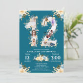12誕生日フォトティール（緑がかった色）コラージュ黄花 招待状 (スタンド正面)