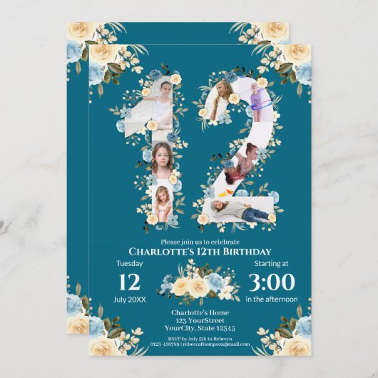 12誕生日フォトティール（緑がかった色）コラージュ黄花 招待状 (正面/裏面)