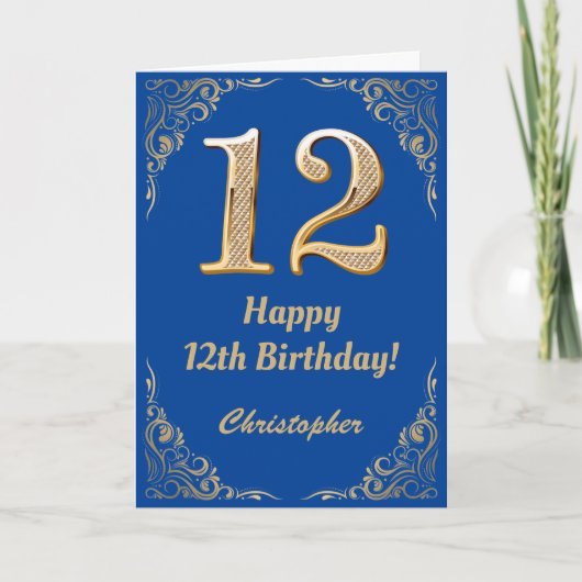 12誕生日ブルーと金ゴールドグリッターフレーム カード (正面)